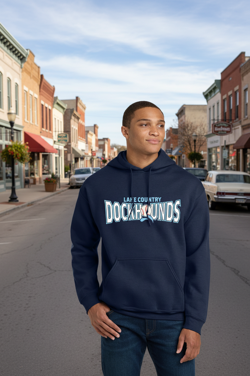 Person wearing a navy hoodie with 'Lake Country Dockhounds' text and logo.