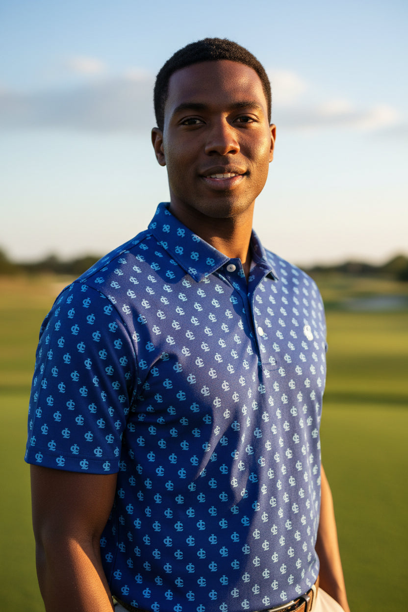 Blue polo shirt with white pattern on a white background