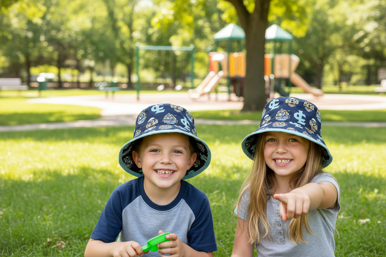 Navy bucket hat with teddy bear and logo pattern on a white background