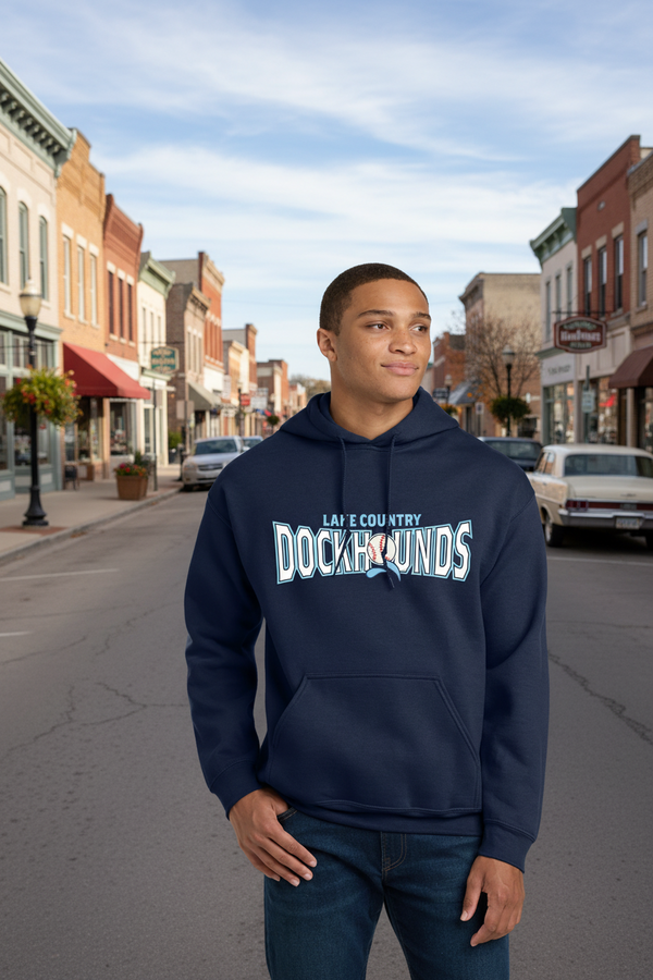 Person wearing a navy hoodie with 'Lake Country Dockhounds' text and logo.