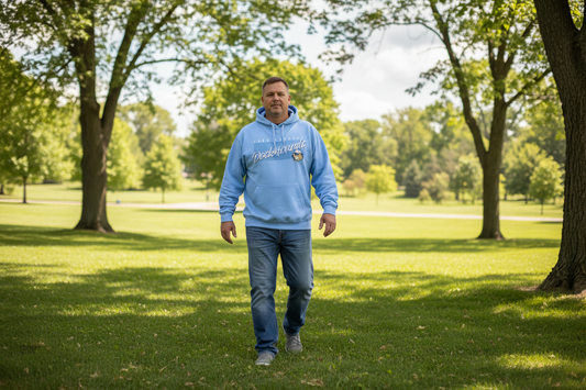Light blue hoodie with graphic design on a white background