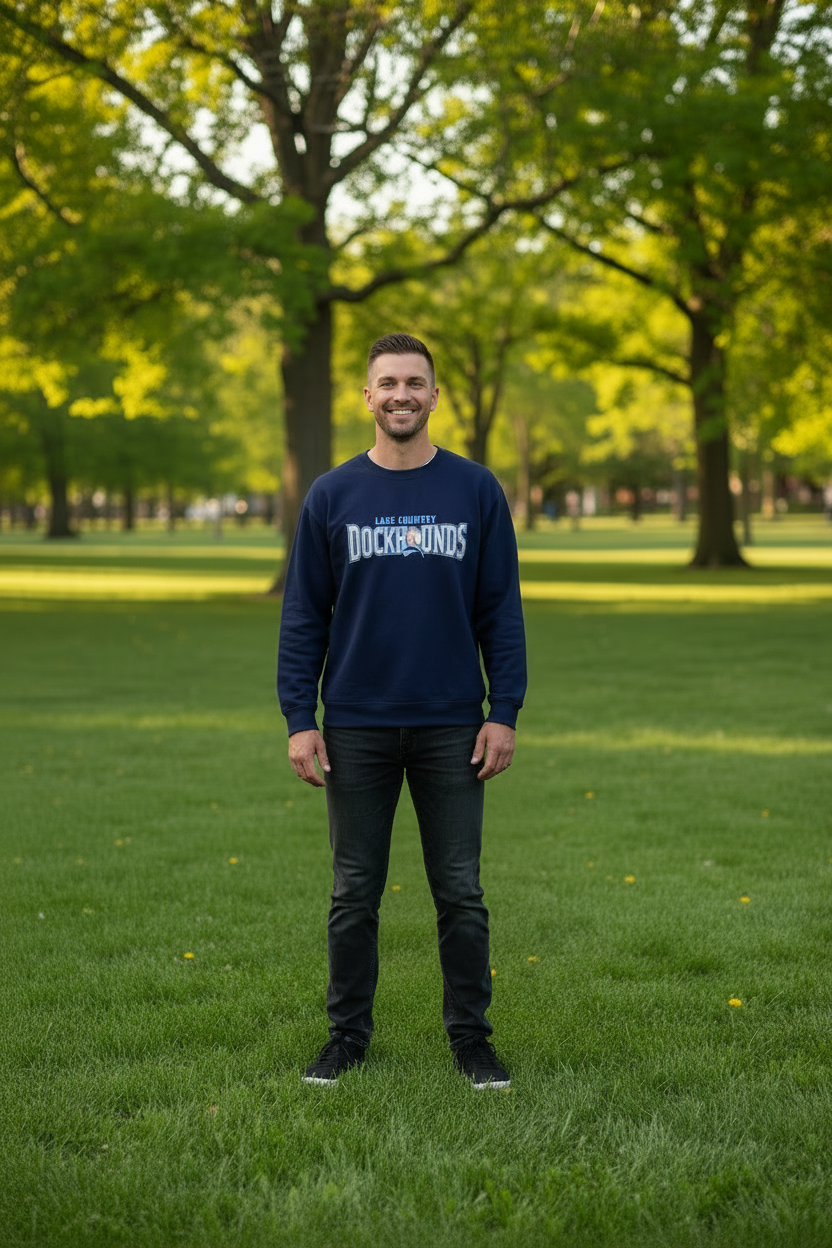 Person wearing a navy blue sweatshirt with 'Lake Country Dockhounds' text on a white background