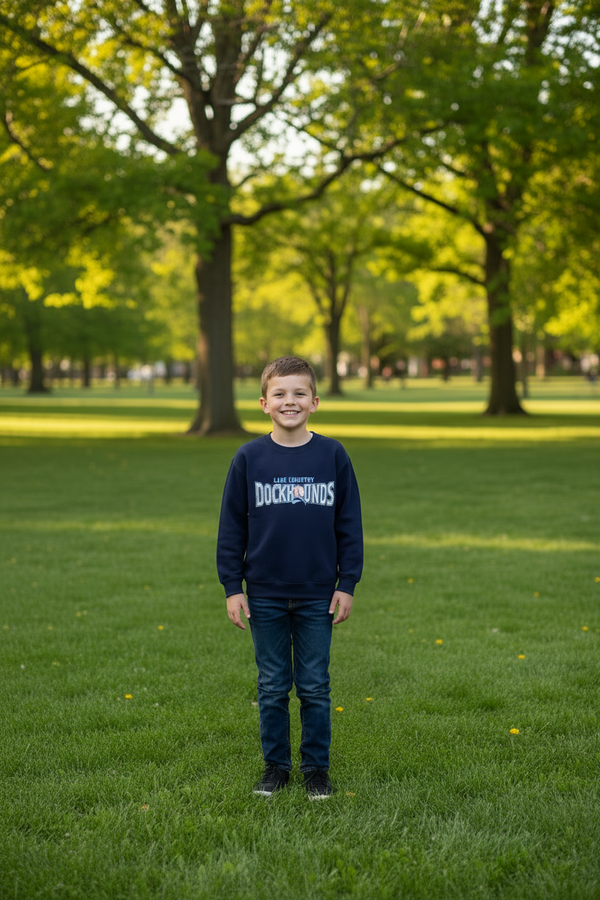 Person wearing a navy blue sweatshirt with 'Lake Country Dockhounds' text on a white background