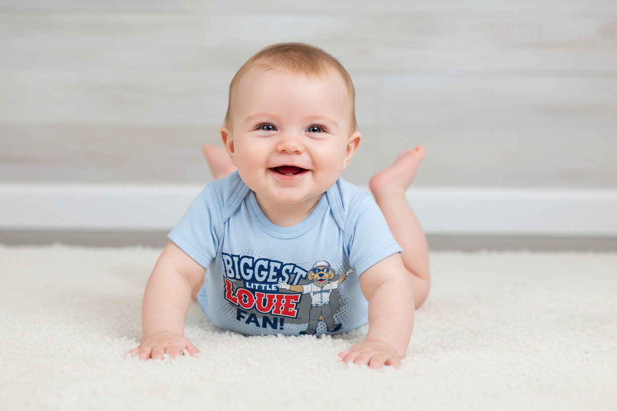 Light blue baby onesie with a cartoon character and text on a white background