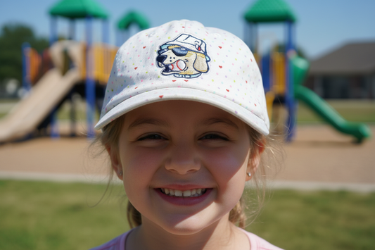 White cap with colorful heart pattern and embroidered dog design on a white background