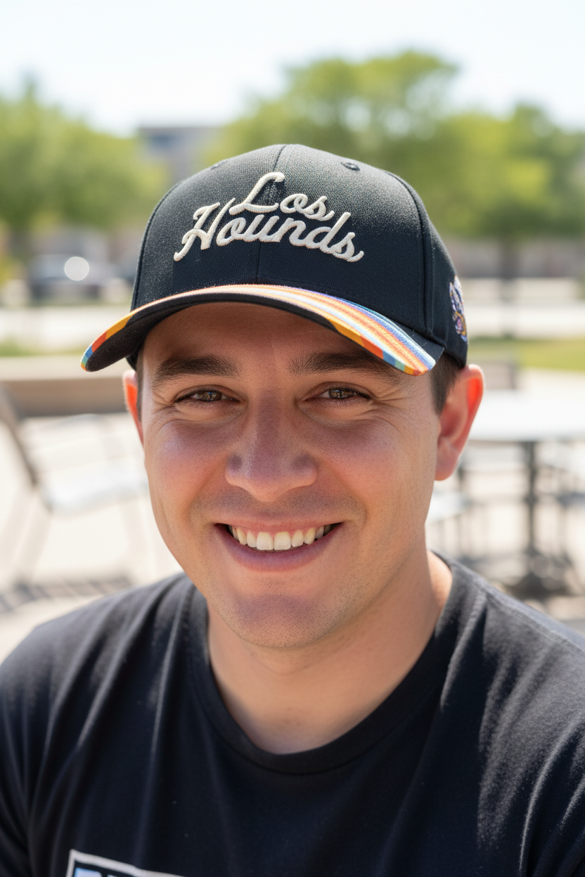 Person wearing a black cap with 'Los Hounds' text, smiling outdoors.