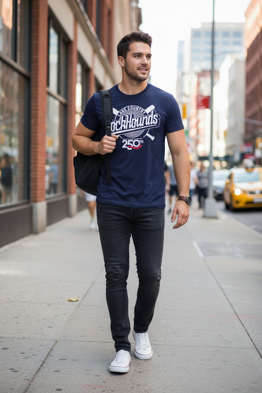 Navy blue t-shirt with 'Lake County DockHounds' logo on a white background