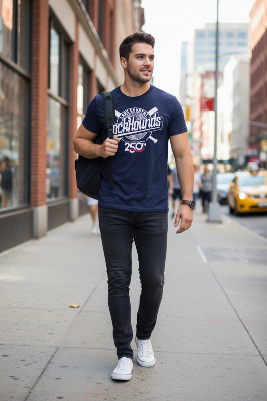Navy blue t-shirt with 'Lake County DockHounds' logo on a white background