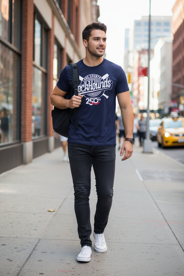 Navy blue t-shirt with 'Lake County DockHounds' logo on a white background