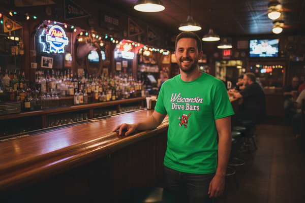 Green t-shirt with 'Wisconsin Dive Bars' text and cartoon character on a white background