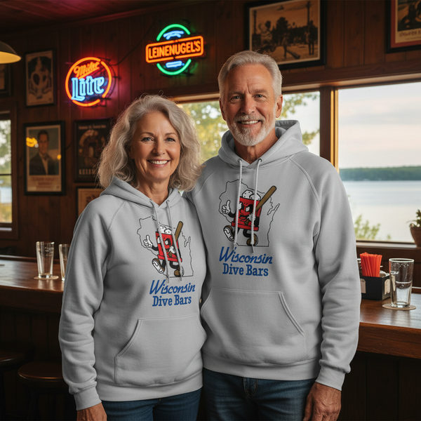 Gray hoodie with 'Wisconsin Dive Bars' graphic on a white background