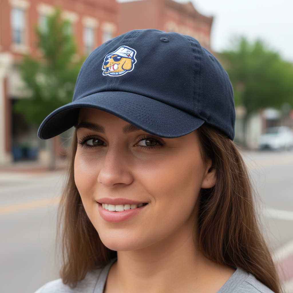 Navy blue cap with a logo on a white background