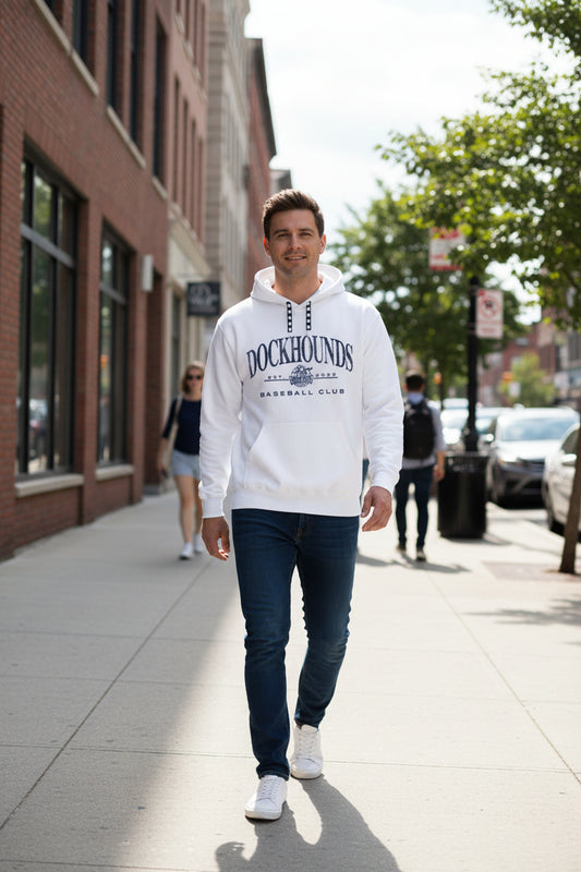 White hoodie with 'Dockhounds Baseball Club' text and logo on a white background