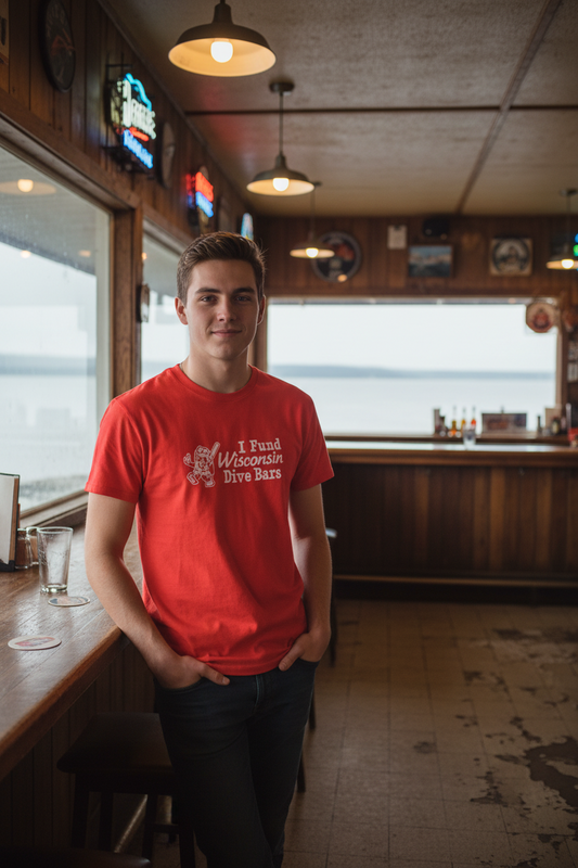 Red t-shirt with white text on a white background
