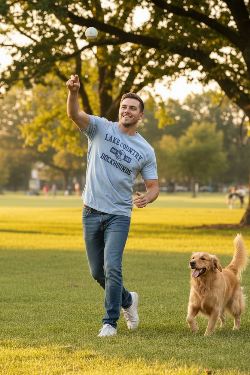 Blue T-shirt with Lake Country Dockhounds logo in Navy font