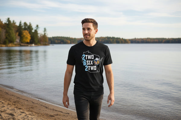 Black t-shirt with a graphic design of a state outline and text on a white background