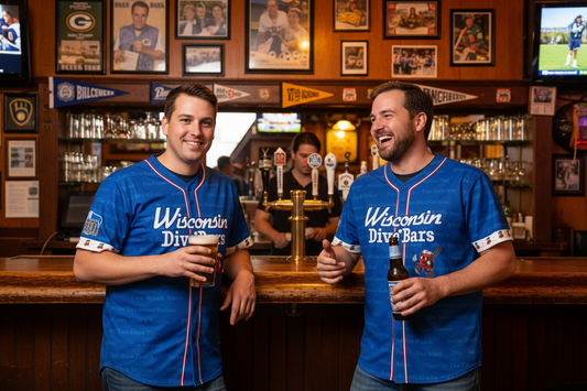 Blue baseball jersey with 'Wisconsin Dive Bars' text and logo on a white background