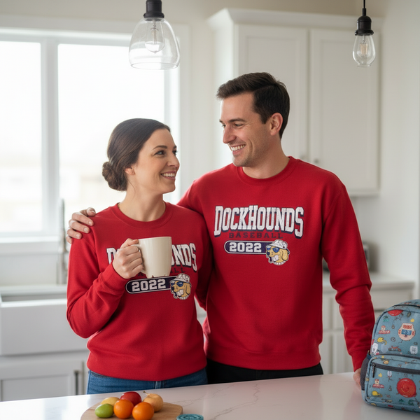 Red sweatshirt with 'DockHOUNDS' and '2022' text on a white background