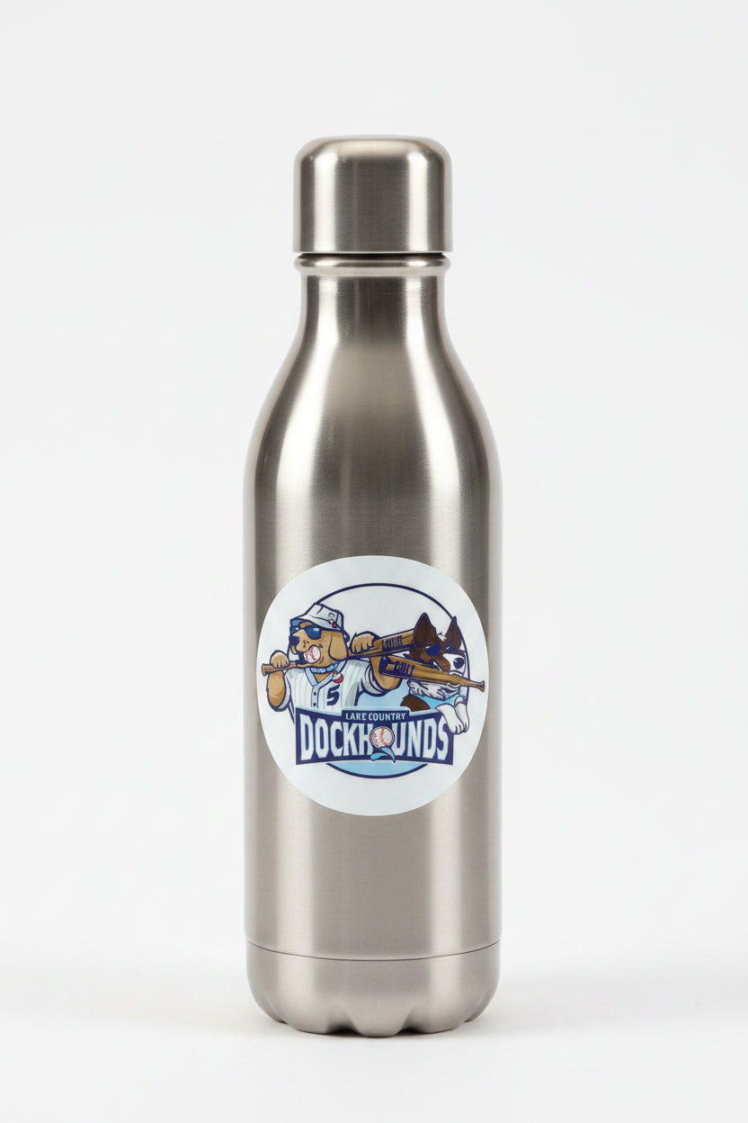 Logo of Lake Country DockHounds on a circular sticker with a dog holding a baseball bat.