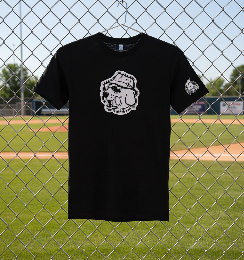 Black t-shirt with a white graphic of a dog wearing a cap on a white background