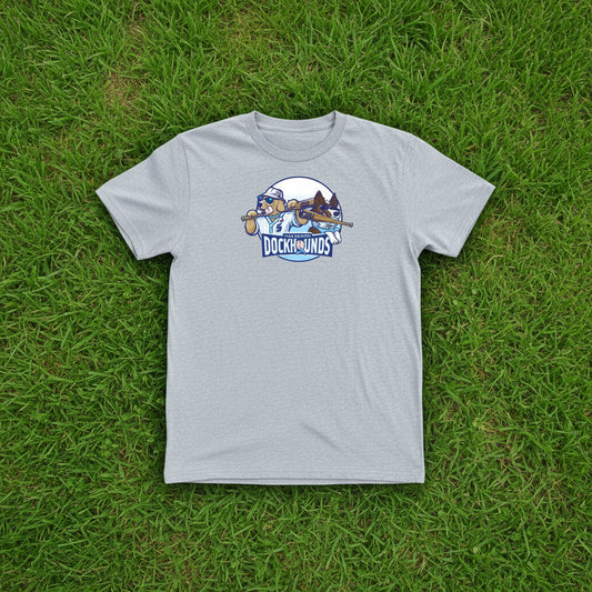 Gray t-shirt with a logo on the chest against a white background